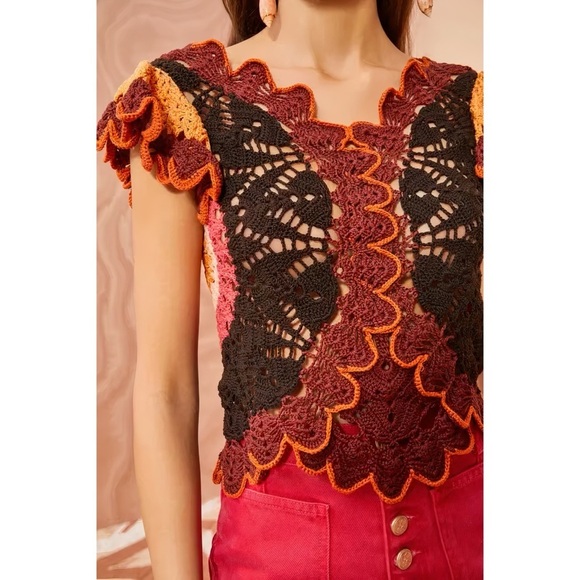 Ulla Johnson Crochet-Knit Ruffle Short-Sleeve Magdalena Top - Picture 3 of 7